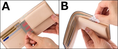 二つ折り財布の隠しポケットの違いを説明する写真