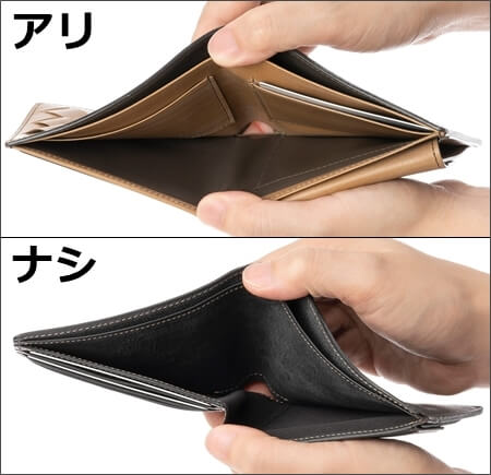 ココマイスターの二つ折り財布のお札入れ部分には、隠しポケットがあるものとないものがあることを説明する写真