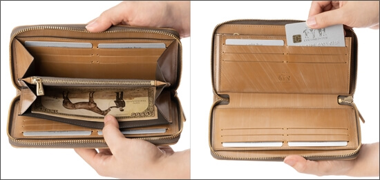 セパレート式ラウンド長財布の内装の構造を解説する写真