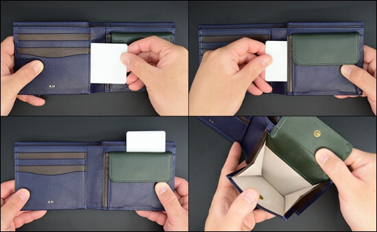 JOGGOの二つ折り財布の機能性を見せる写真